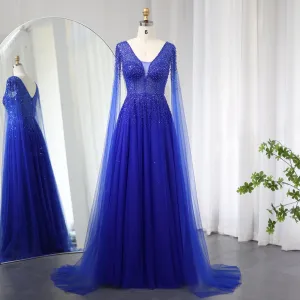 Luxury Royal Blue Evening Dress with Cape Sleeves SS012