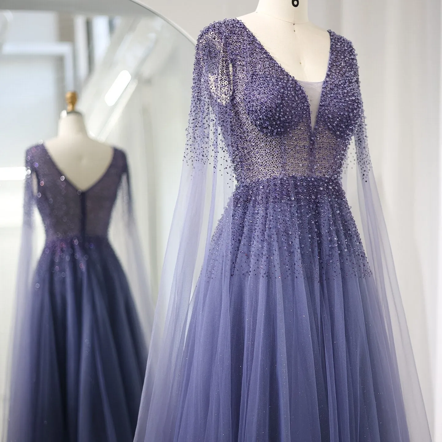 Luxury Royal Blue Evening Dress with Cape Sleeves SS012