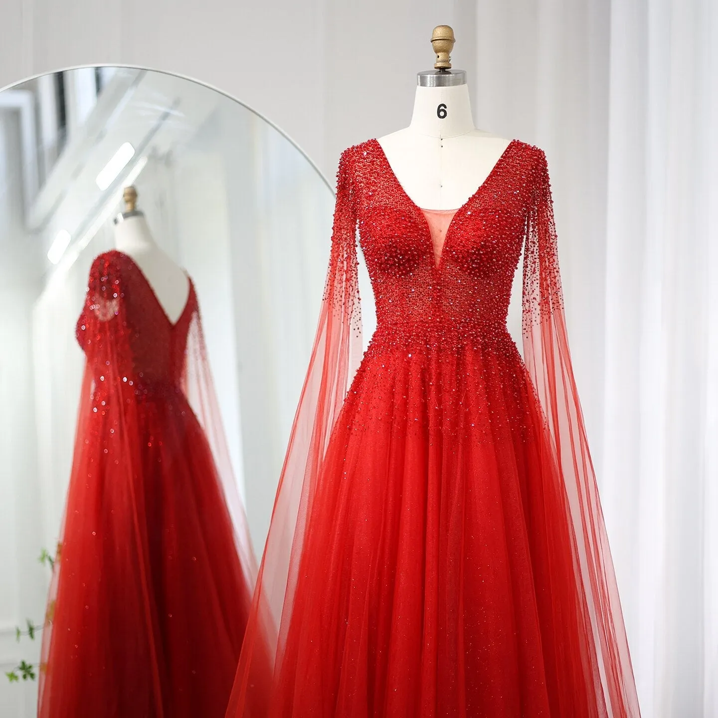 Luxury Royal Blue Evening Dress with Cape Sleeves SS012