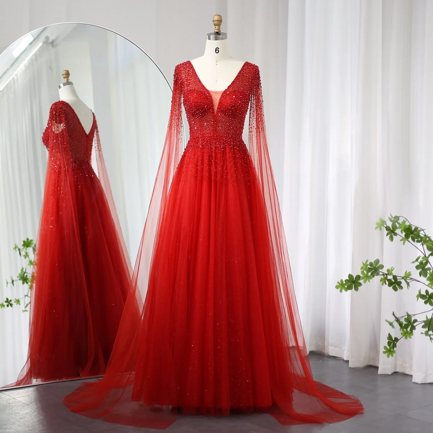 Luxury Royal Blue Evening Dress with Cape Sleeves SS012