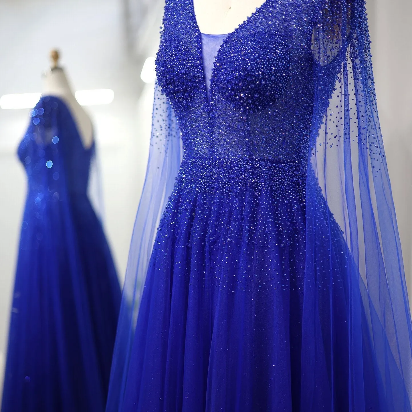 Luxury Royal Blue Evening Dress with Cape Sleeves SS012
