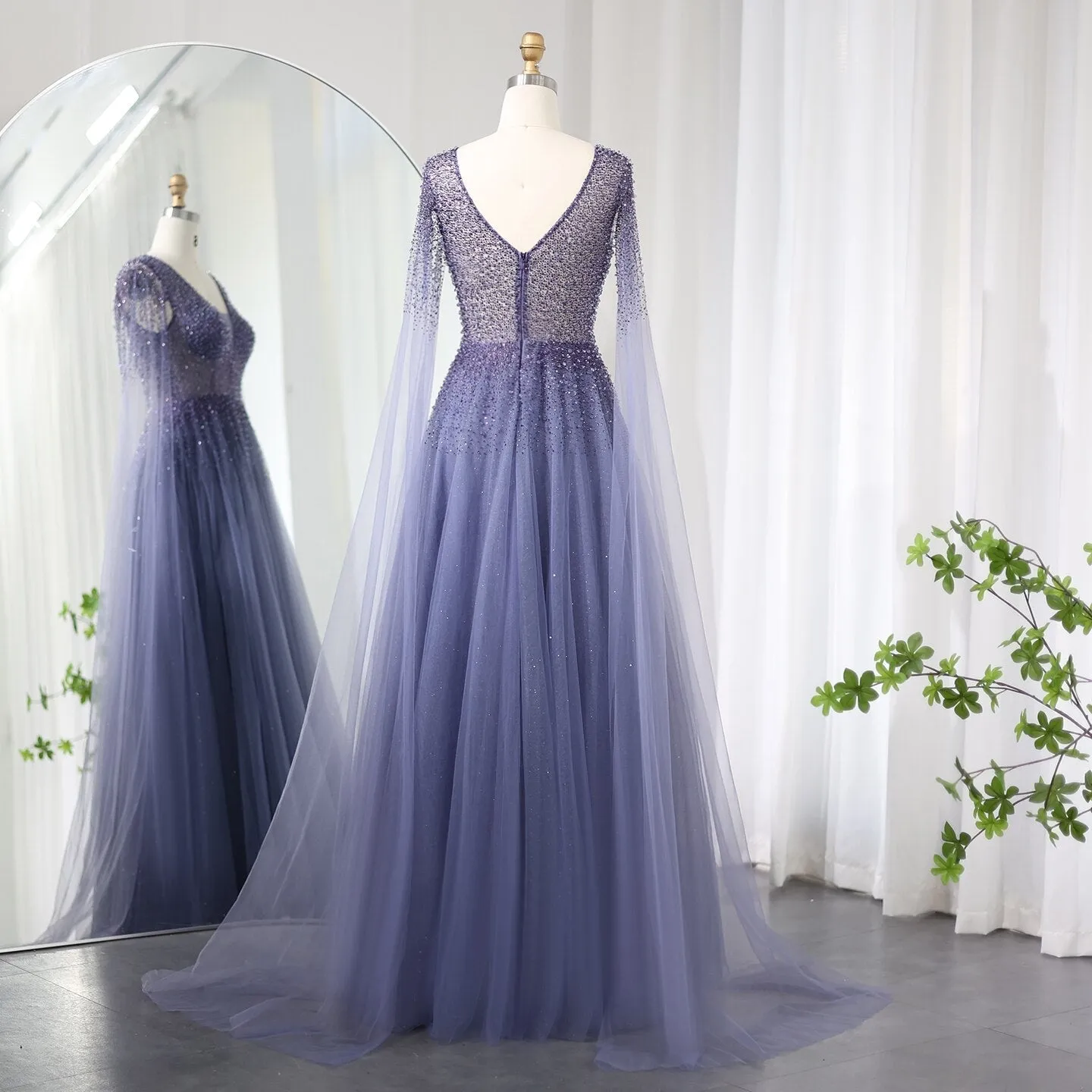 Luxury Royal Blue Evening Dress with Cape Sleeves SS012