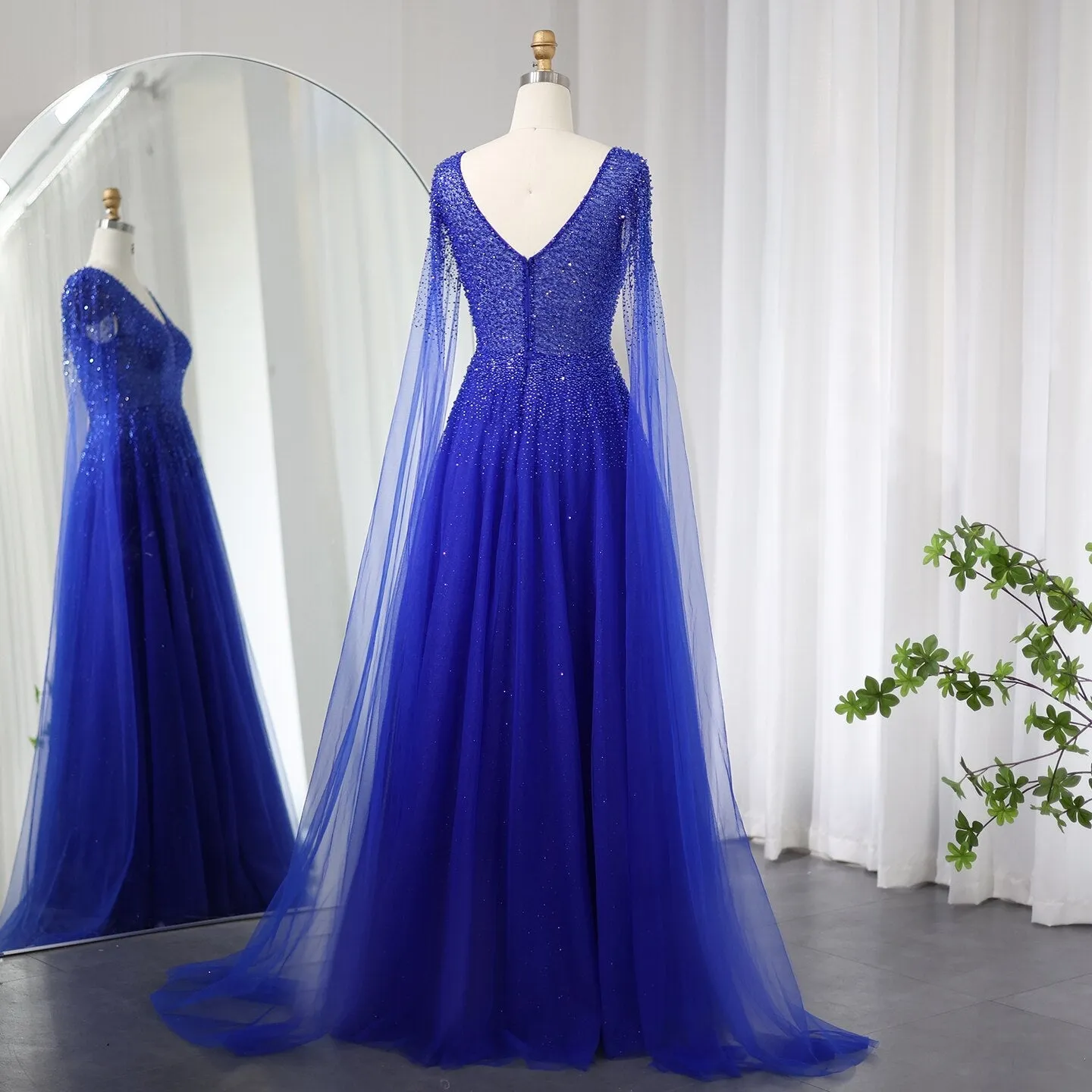 Luxury Royal Blue Evening Dress with Cape Sleeves SS012