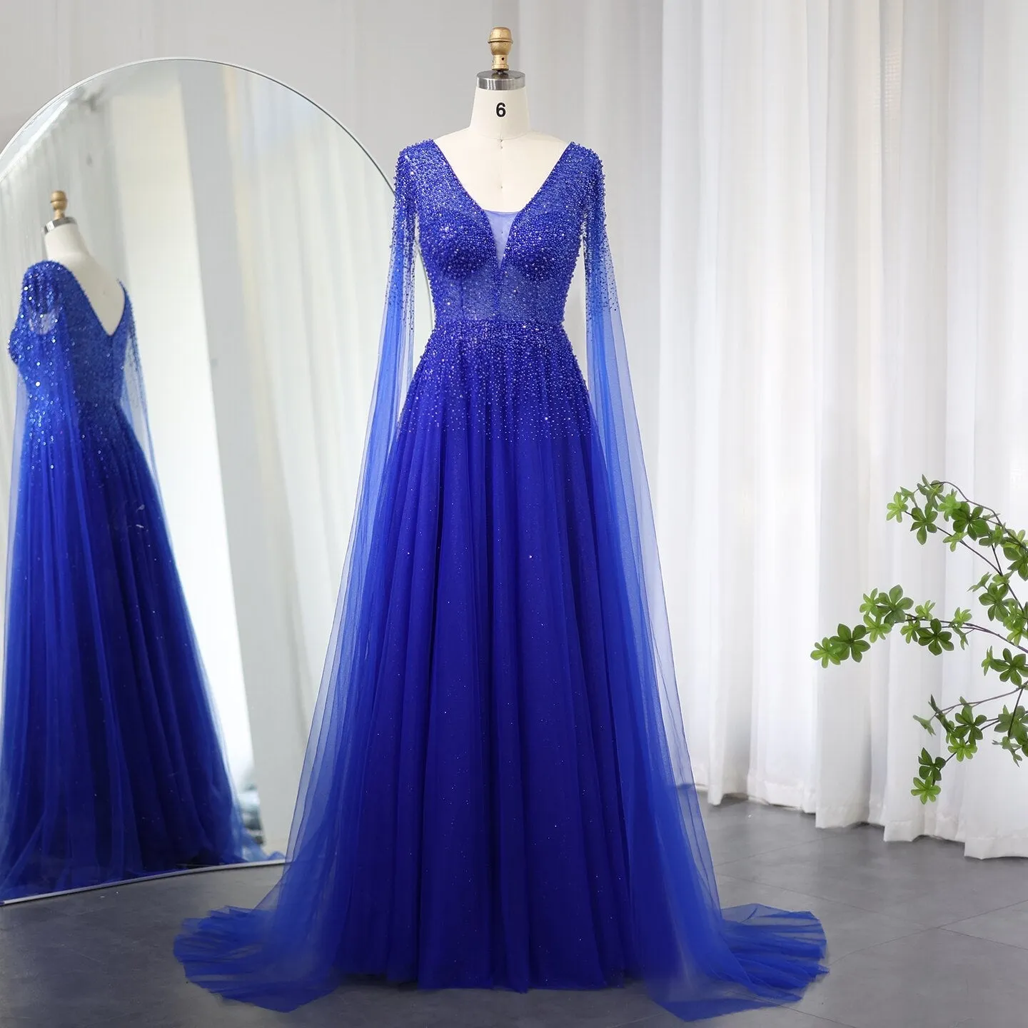 Luxury Royal Blue Evening Dress with Cape Sleeves SS012