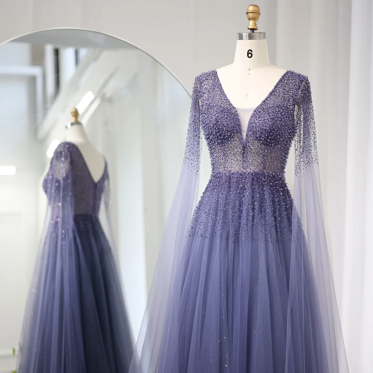Luxury Royal Blue Evening Dress with Cape Sleeves SS012