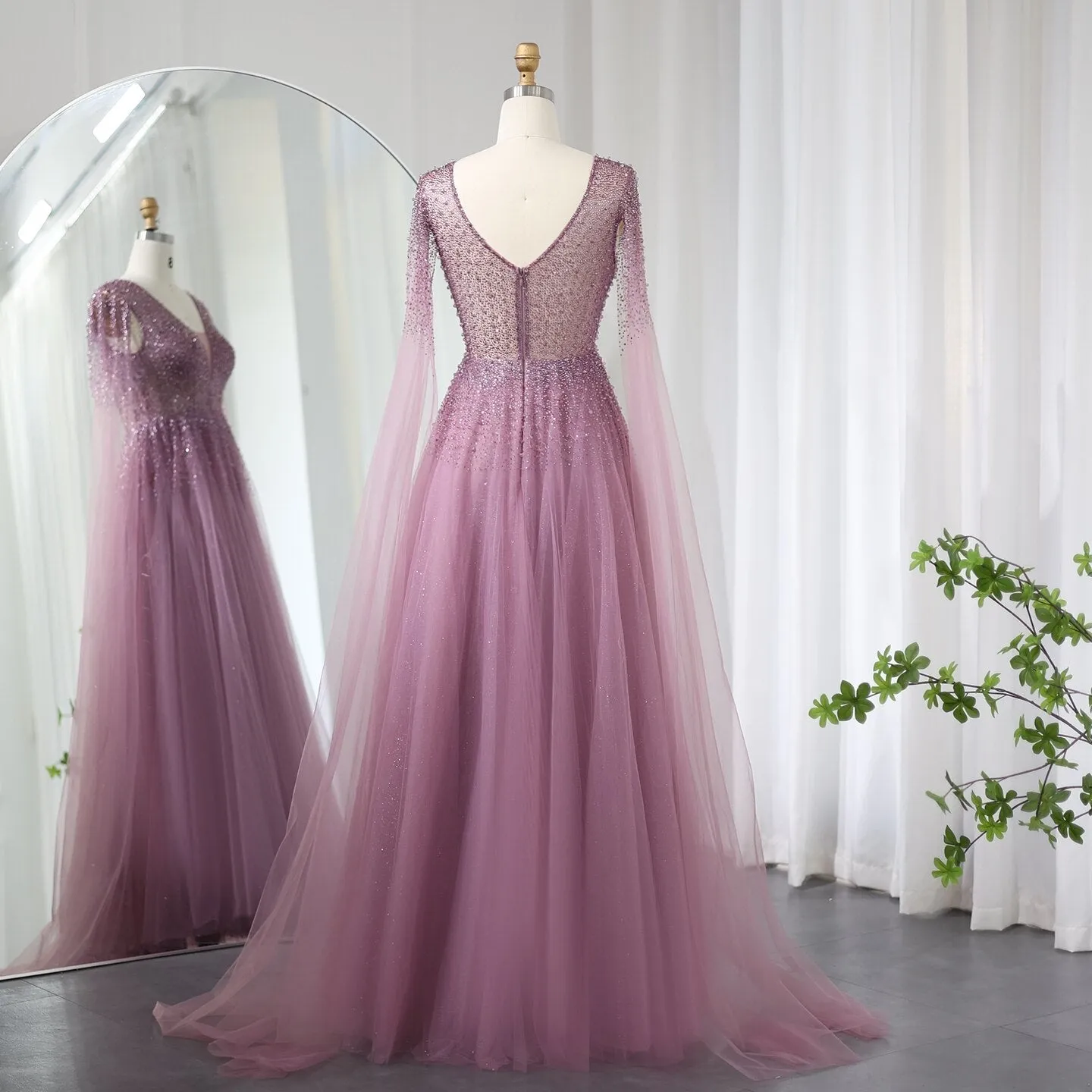 Luxury Royal Blue Evening Dress with Cape Sleeves SS012