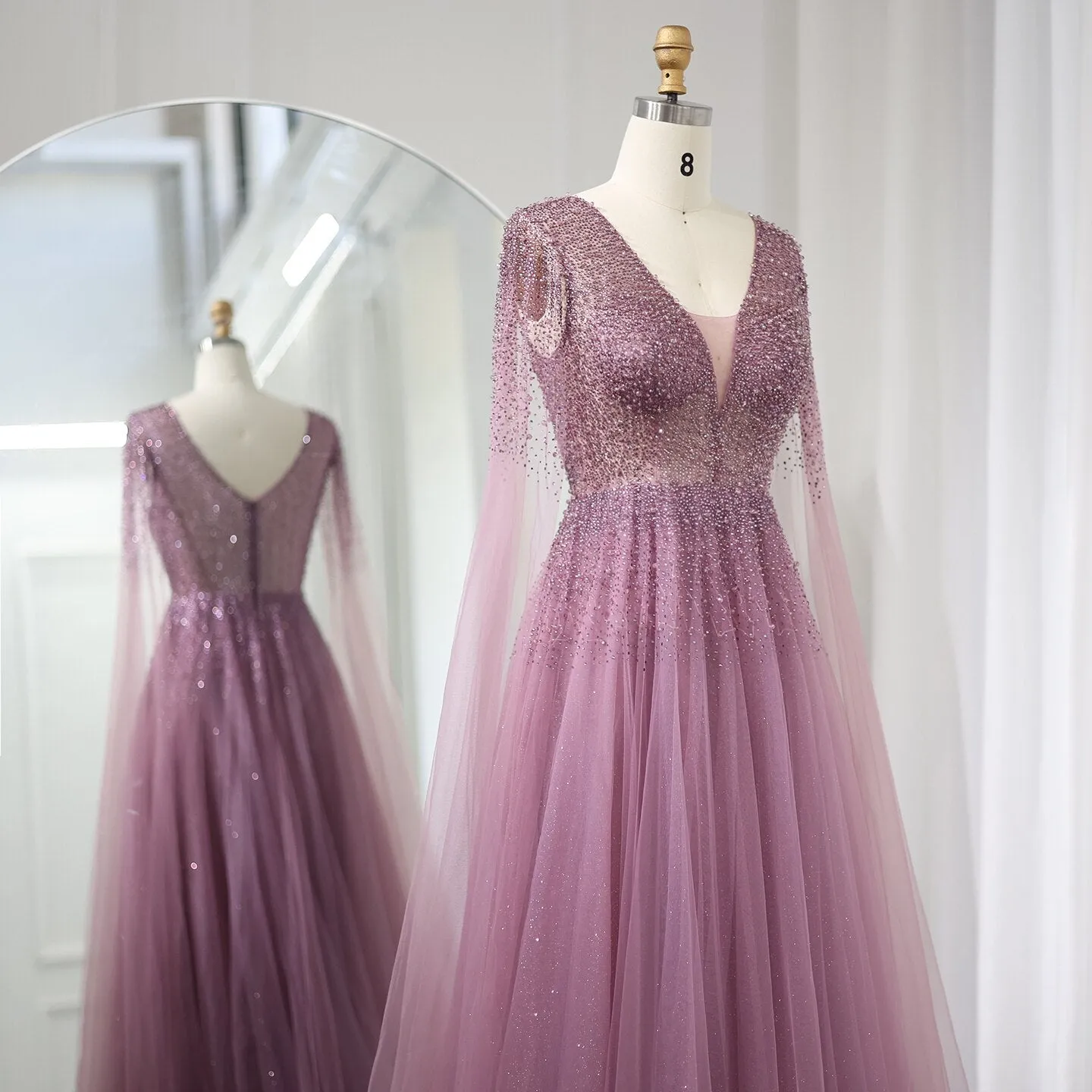 Luxury Royal Blue Evening Dress with Cape Sleeves SS012