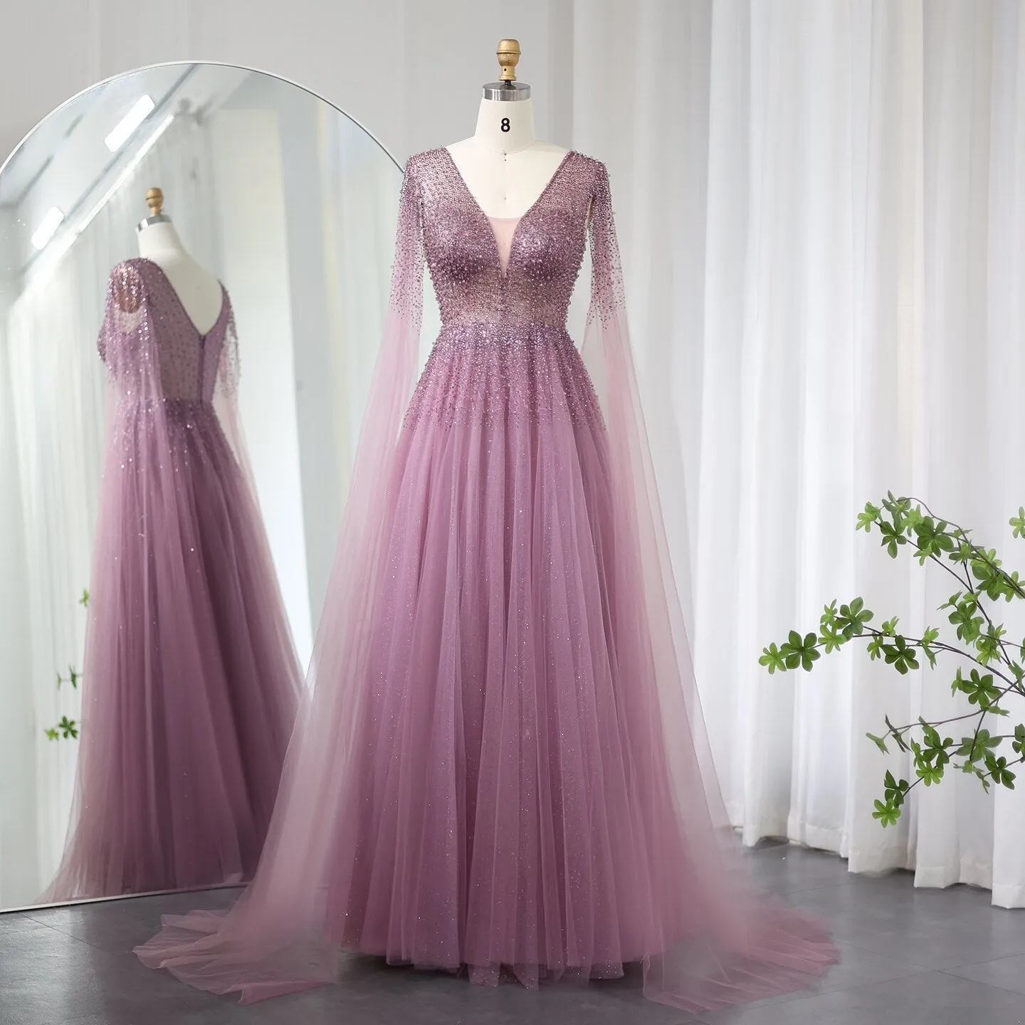 Luxury Royal Blue Evening Dress with Cape Sleeves SS012