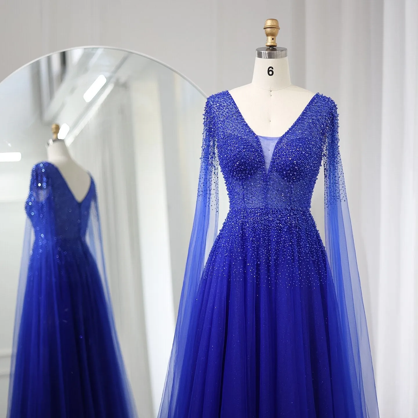 Luxury Royal Blue Evening Dress with Cape Sleeves SS012