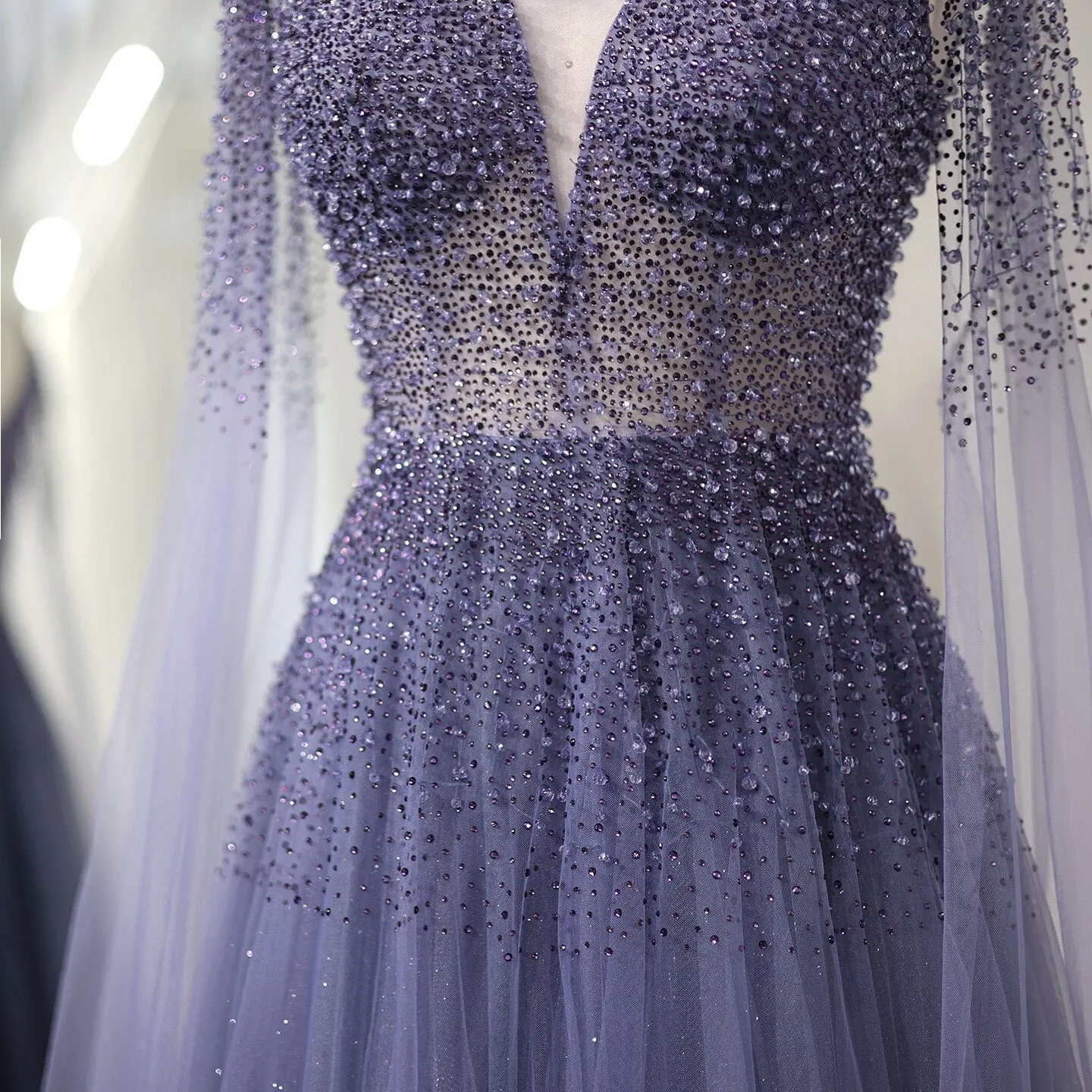 Luxury Royal Blue Evening Dress with Cape Sleeves SS012