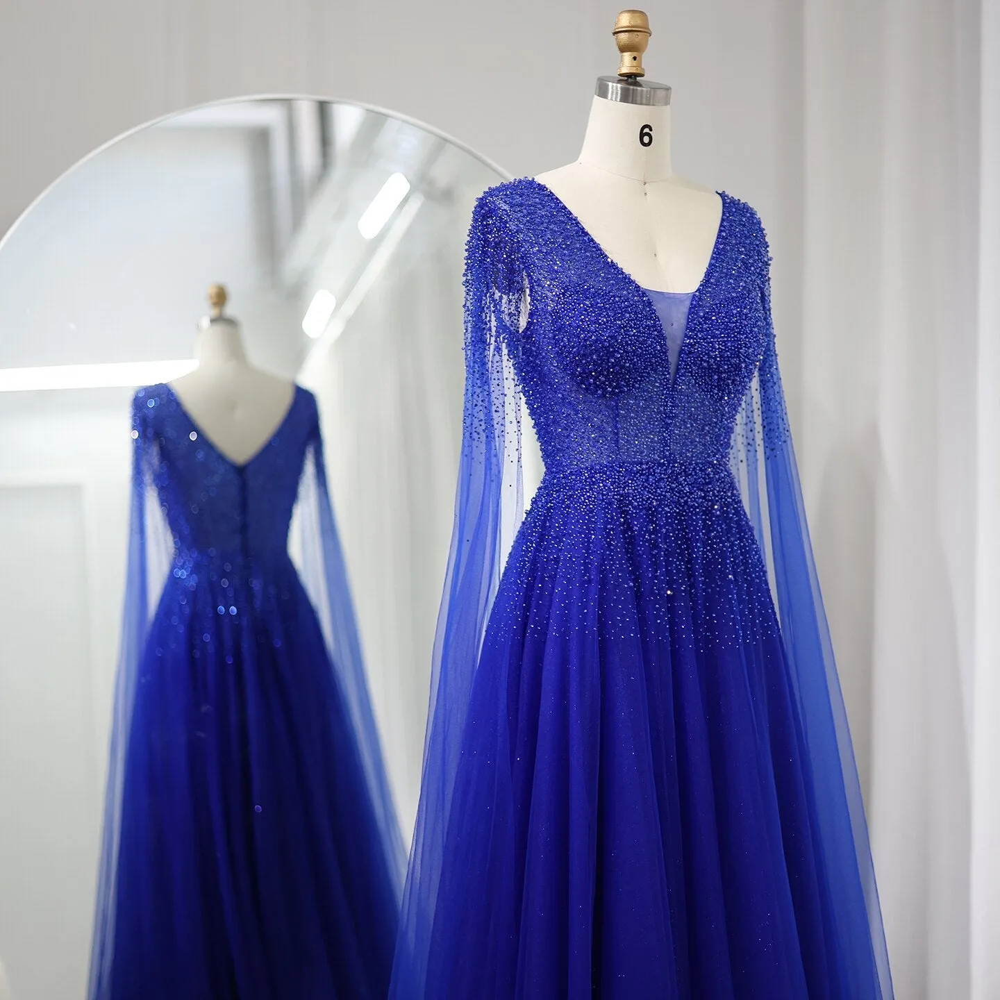 Luxury Royal Blue Evening Dress with Cape Sleeves SS012