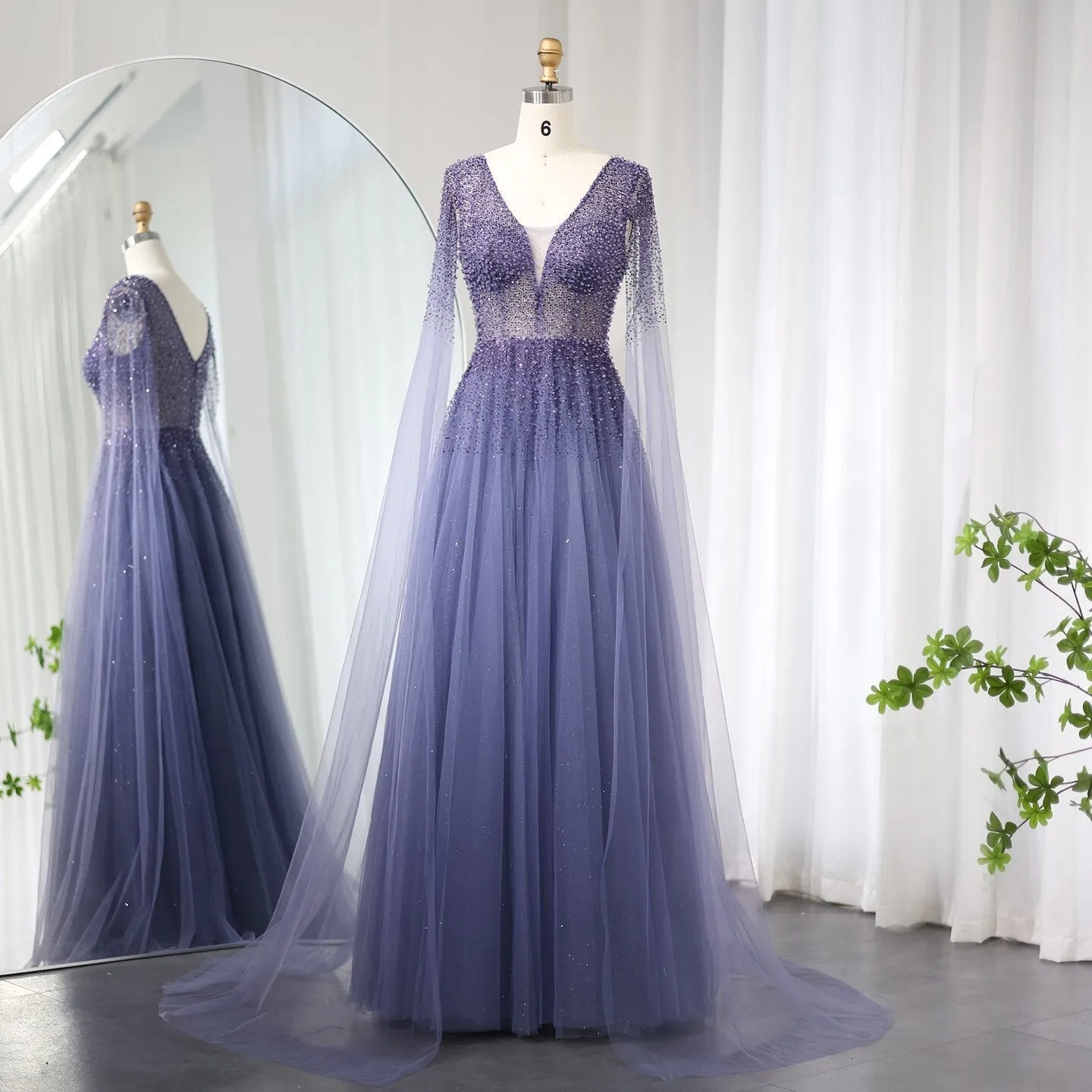 Luxury Royal Blue Evening Dress with Cape Sleeves SS012