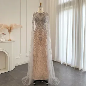 Luxury Silver Nude Evening Dress with Cape Sleeves SS119
