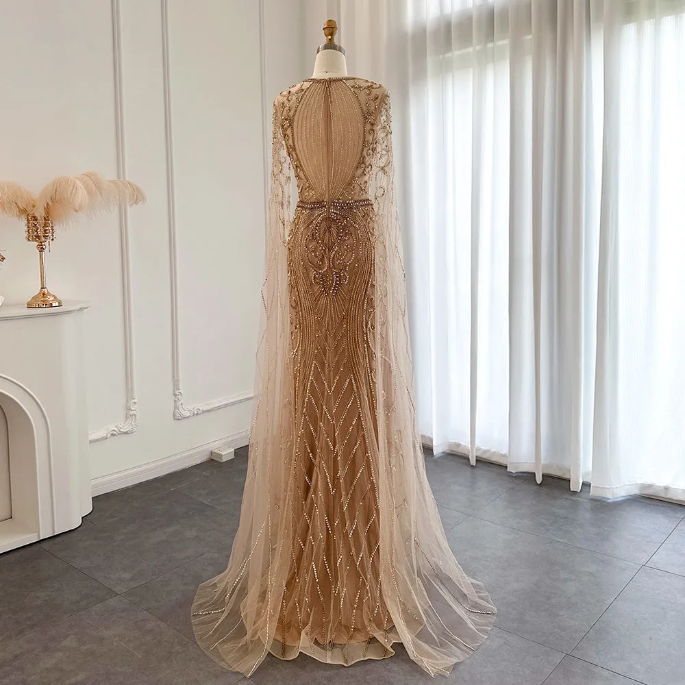 Luxury Silver Nude Evening Dress with Cape Sleeves SS119