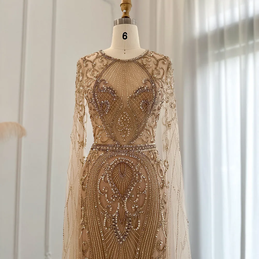 Luxury Silver Nude Evening Dress with Cape Sleeves SS119