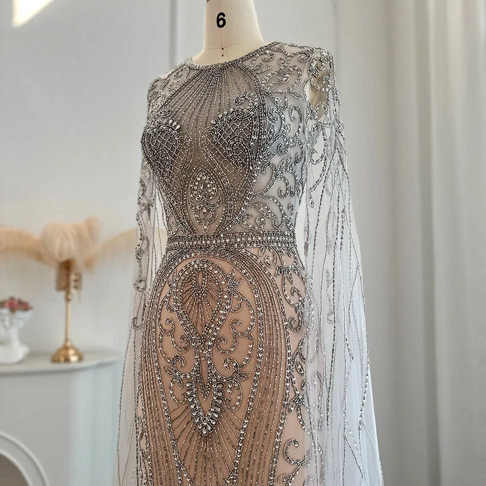 Luxury Silver Nude Evening Dress with Cape Sleeves SS119