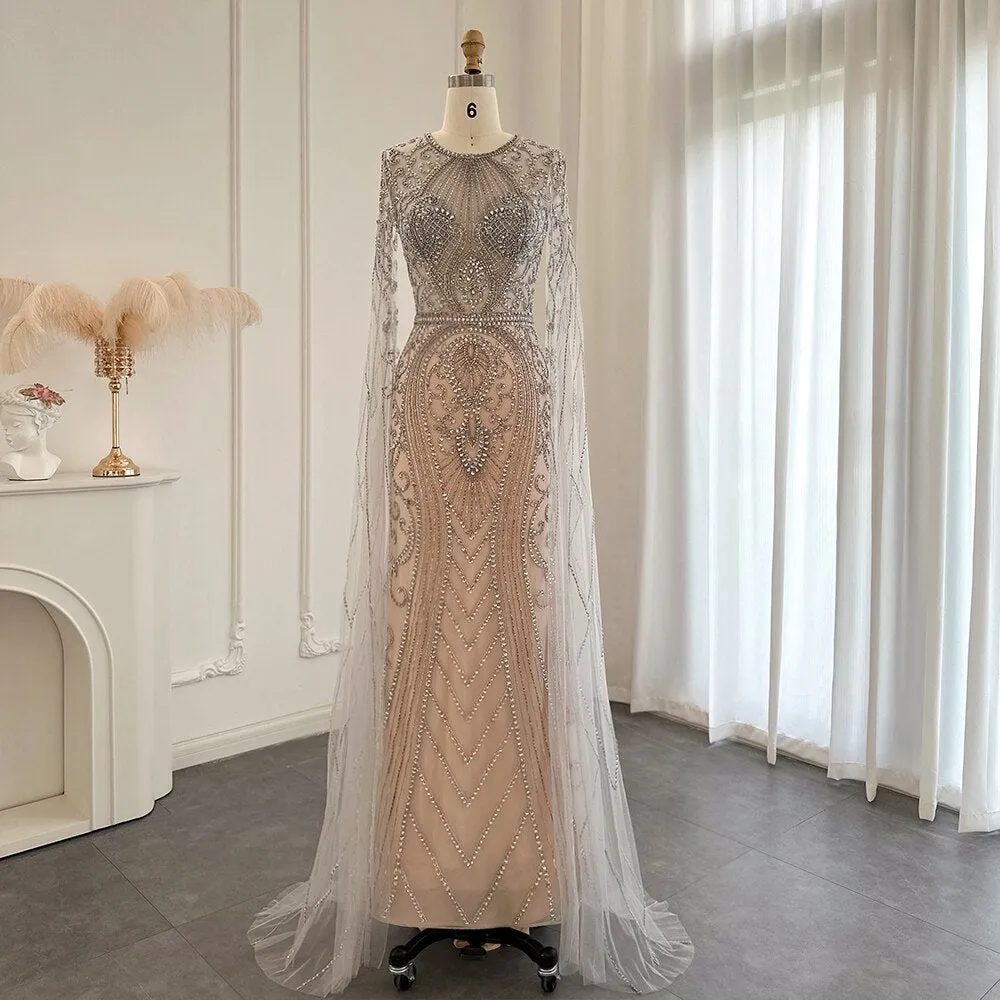 Luxury Silver Nude Evening Dress with Cape Sleeves SS119