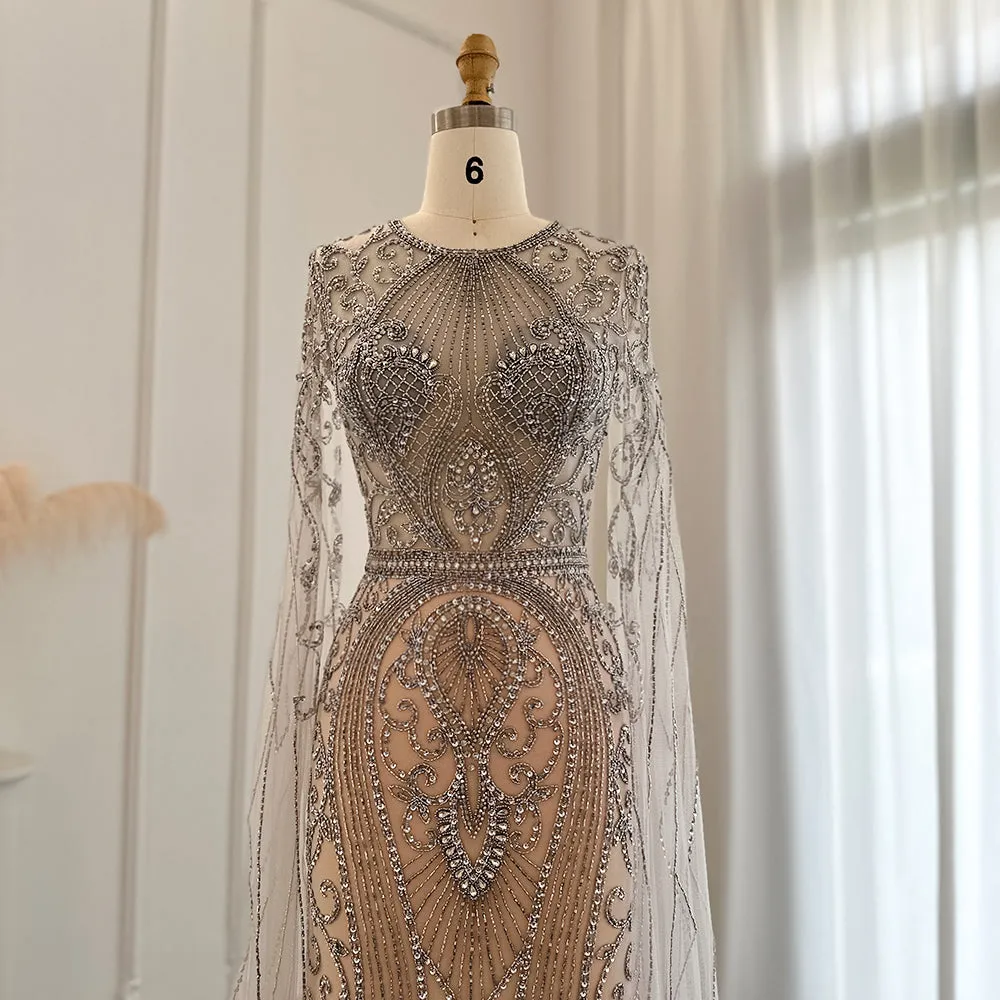 Luxury Silver Nude Evening Dress with Cape Sleeves SS119