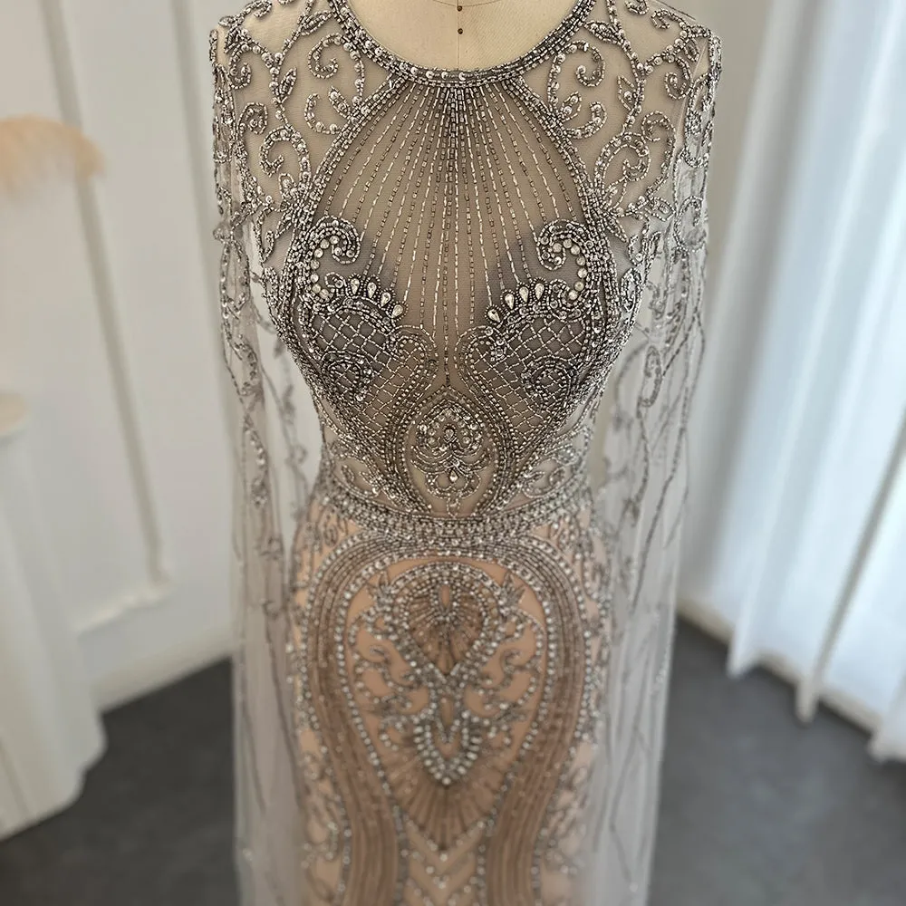 Luxury Silver Nude Evening Dress with Cape Sleeves SS119
