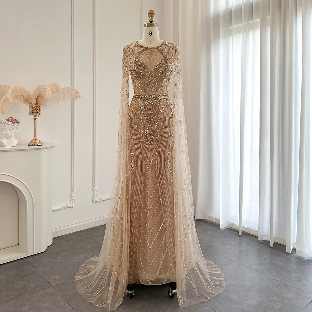Luxury Silver Nude Evening Dress with Cape Sleeves SS119