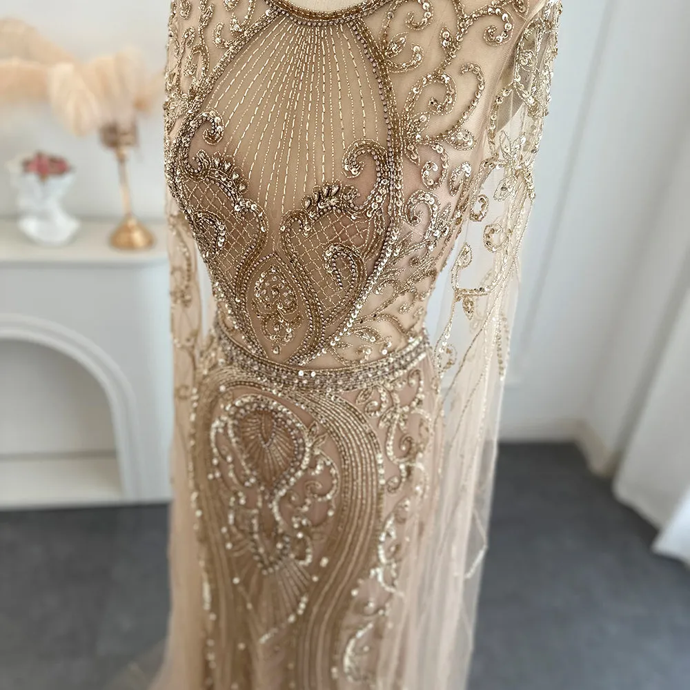 Luxury Silver Nude Evening Dress with Cape Sleeves SS119