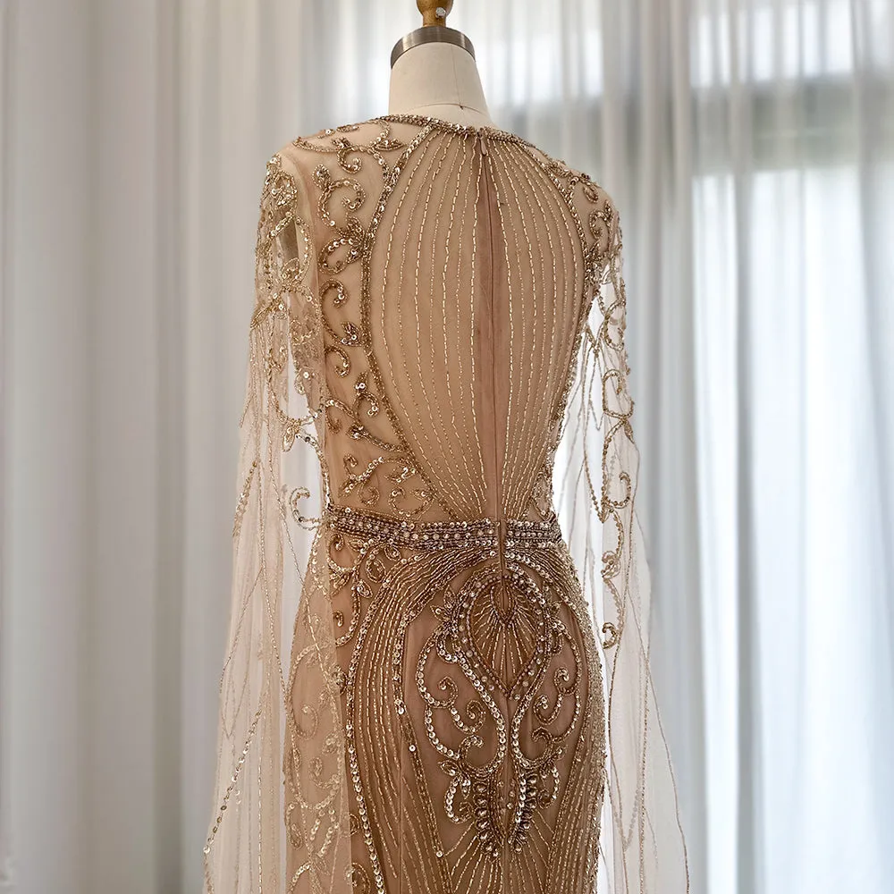 Luxury Silver Nude Evening Dress with Cape Sleeves SS119