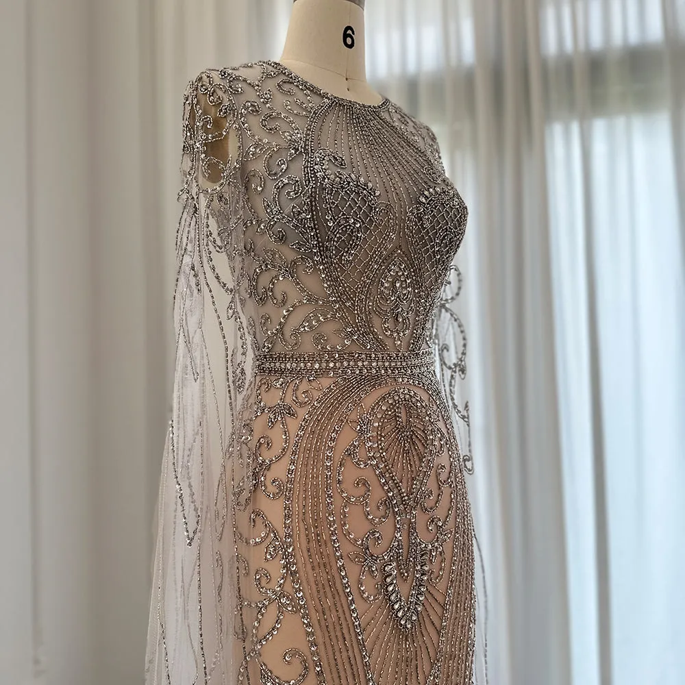 Luxury Silver Nude Evening Dress with Cape Sleeves SS119