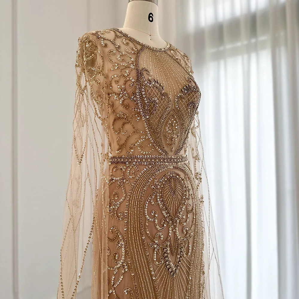 Luxury Silver Nude Evening Dress with Cape Sleeves SS119