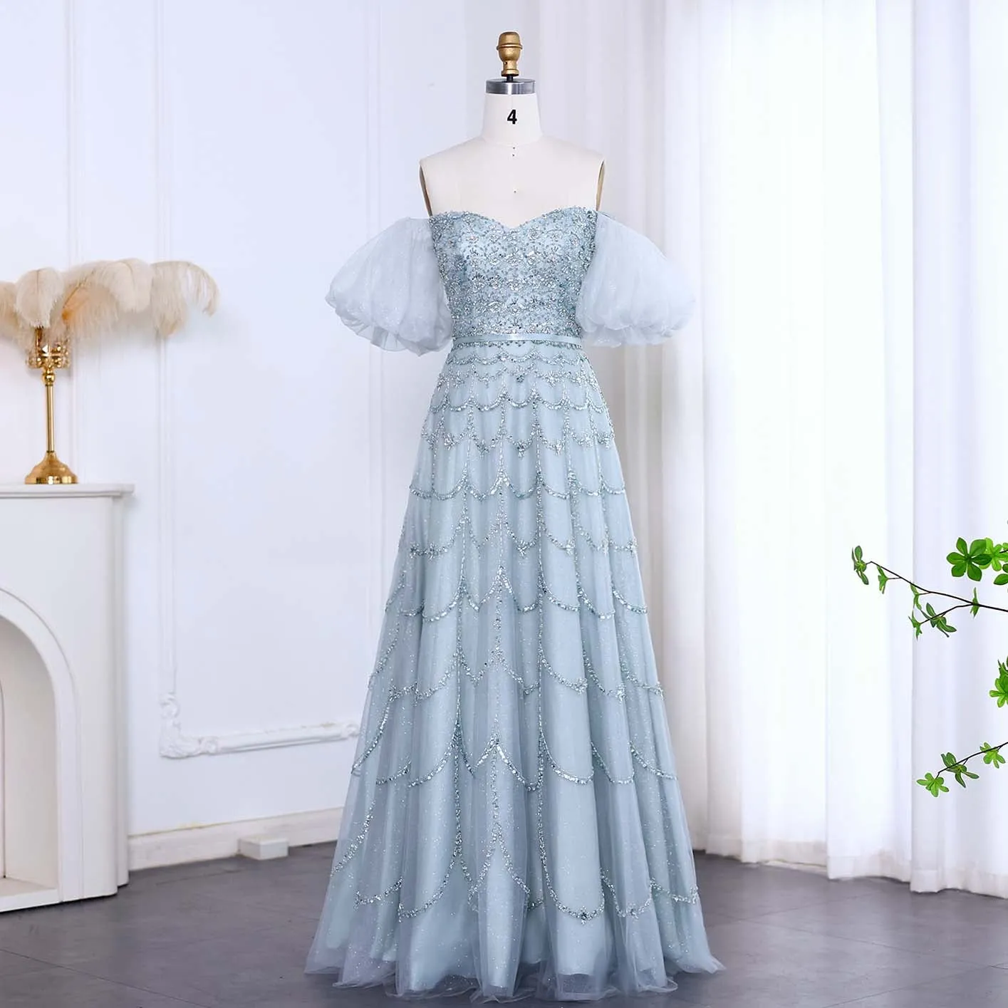 Luxury Strapless Puff Sleeves Pink Evening Dress SS037