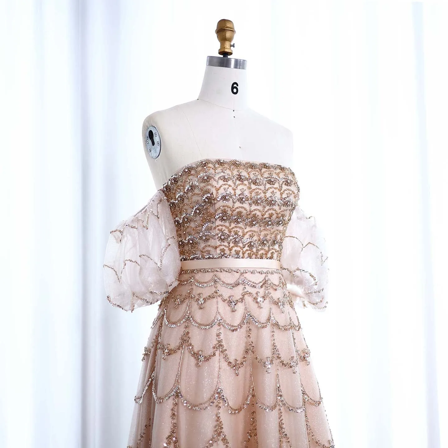Luxury Strapless Puff Sleeves Pink Evening Dress SS037