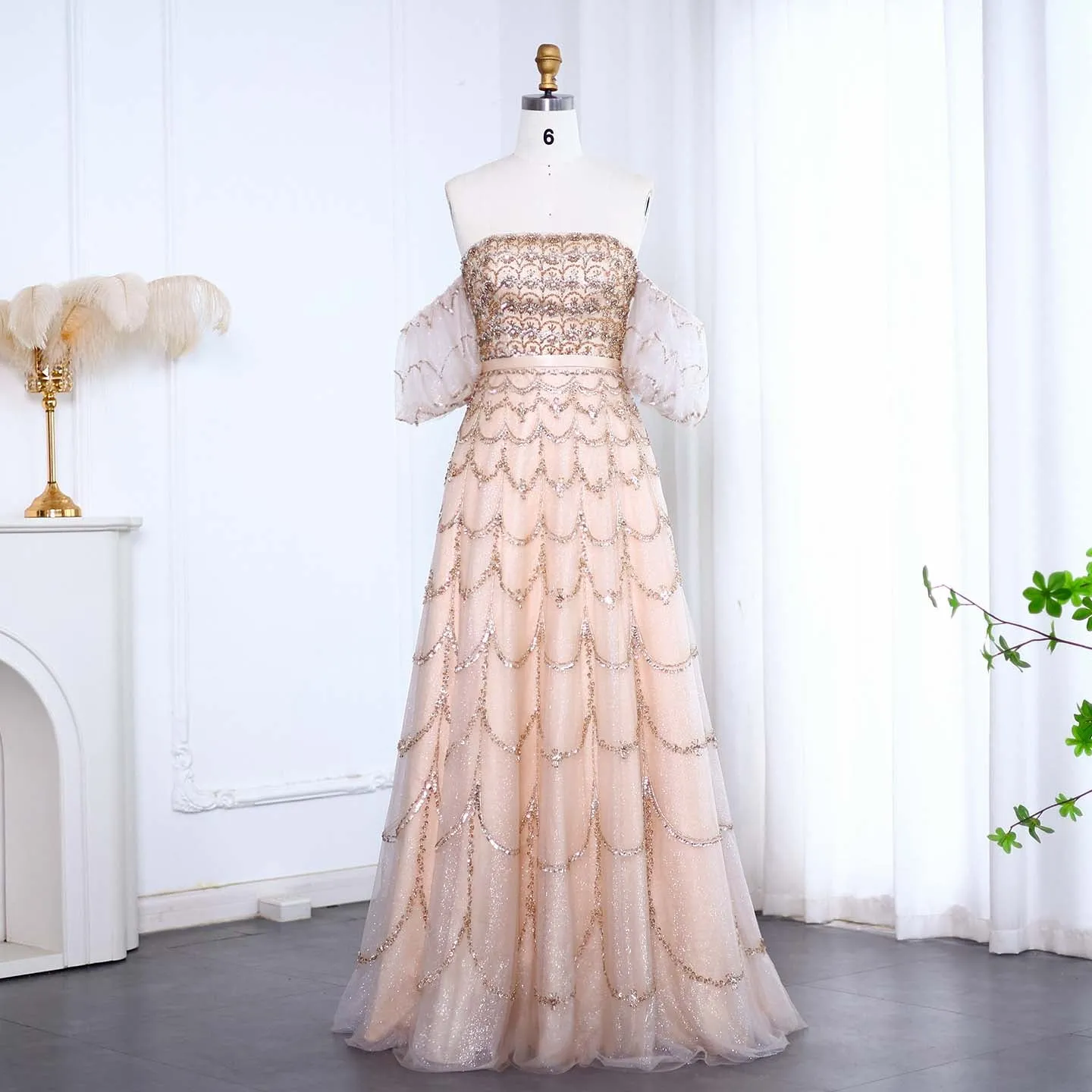 Luxury Strapless Puff Sleeves Pink Evening Dress SS037