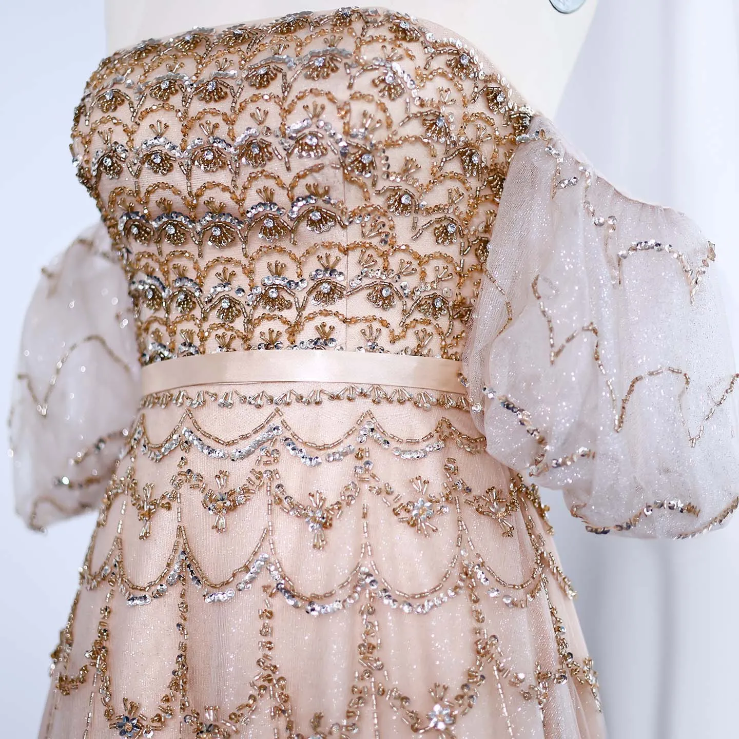 Luxury Strapless Puff Sleeves Pink Evening Dress SS037