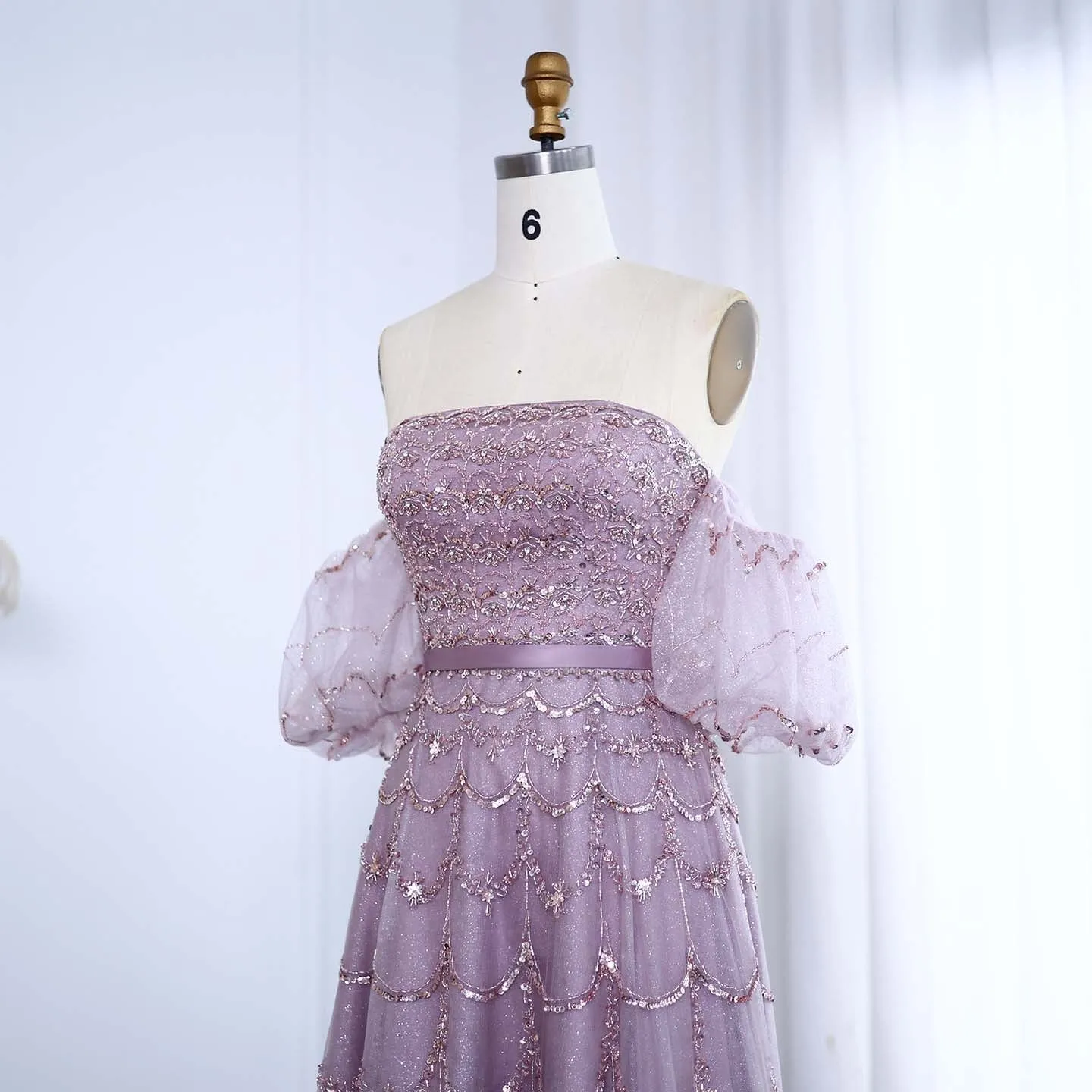 Luxury Strapless Puff Sleeves Pink Evening Dress SS037