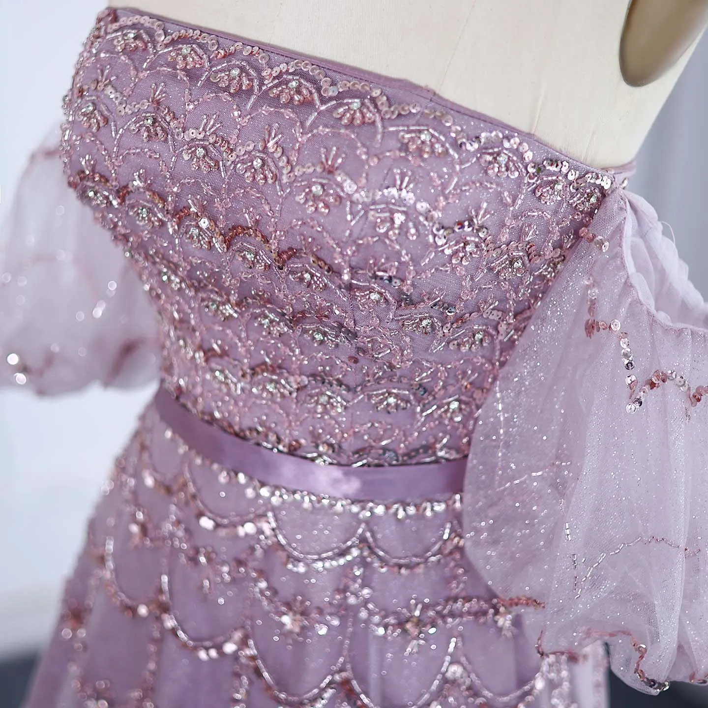 Luxury Strapless Puff Sleeves Pink Evening Dress SS037