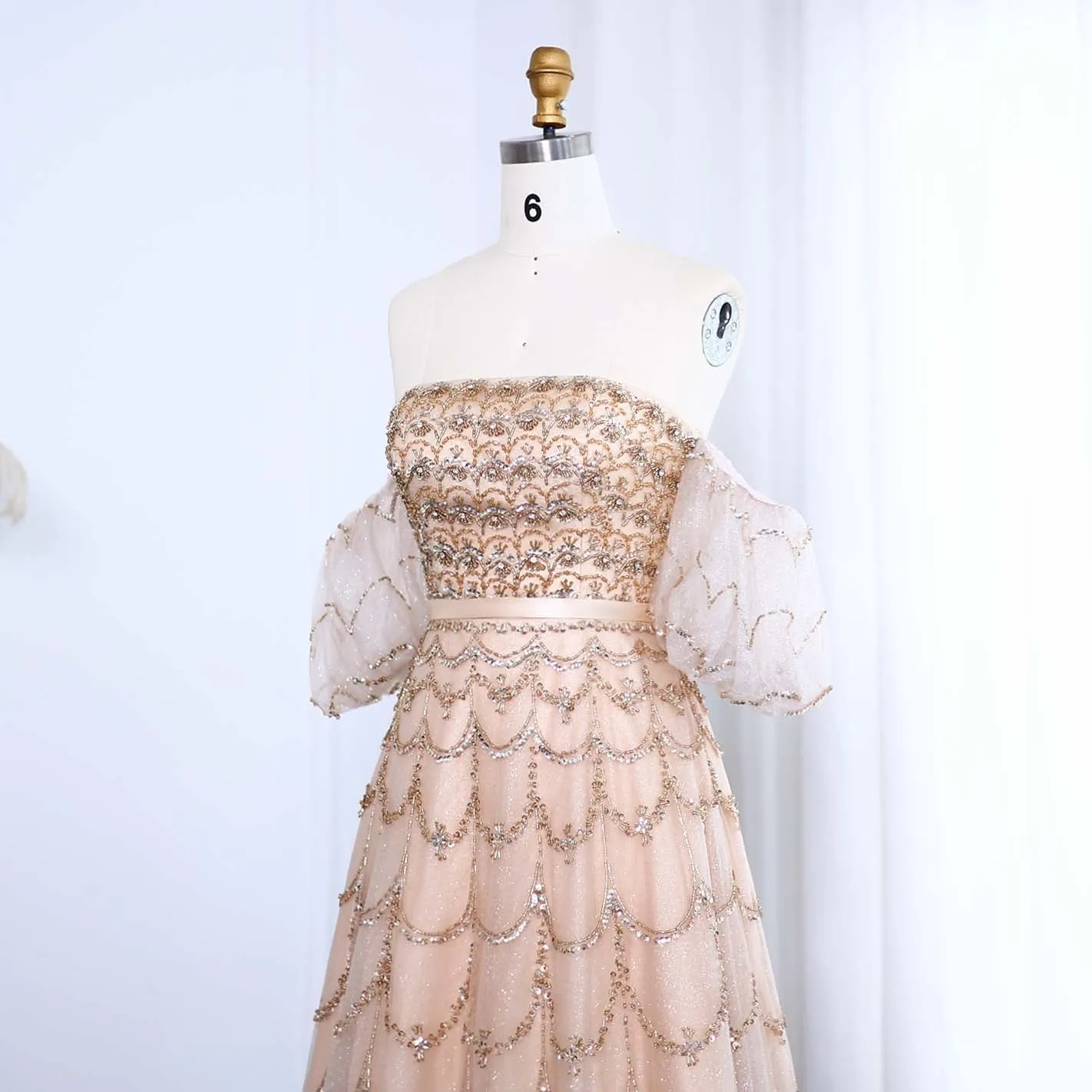 Luxury Strapless Puff Sleeves Pink Evening Dress SS037