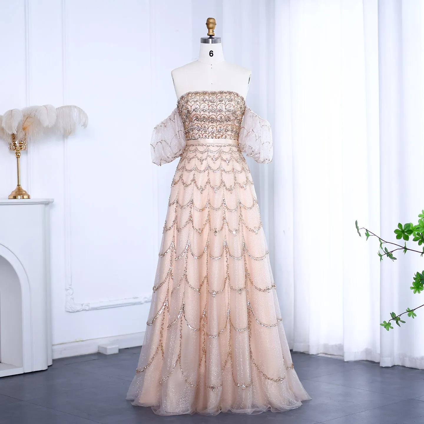 Luxury Strapless Puff Sleeves Pink Evening Dress SS037