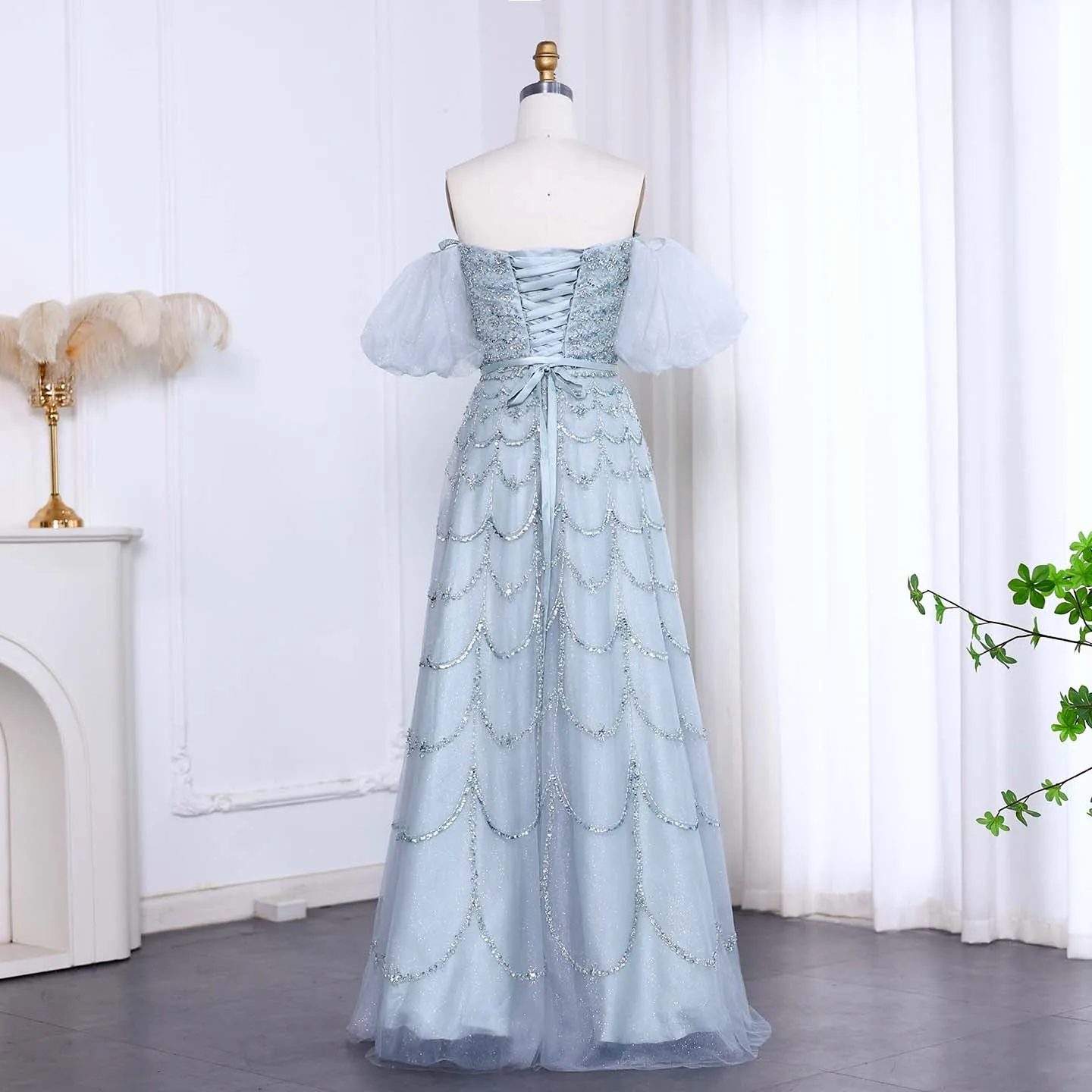 Luxury Strapless Puff Sleeves Pink Evening Dress SS037
