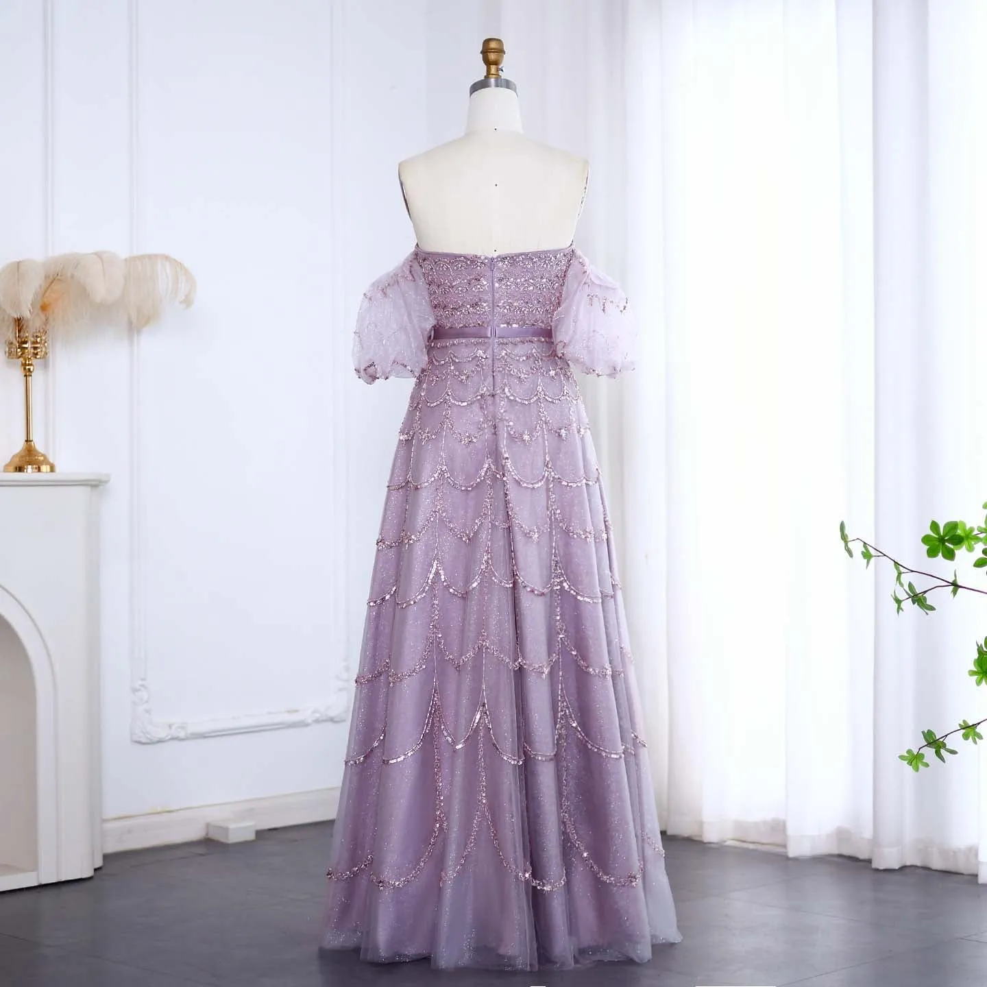 Luxury Strapless Puff Sleeves Pink Evening Dress SS037