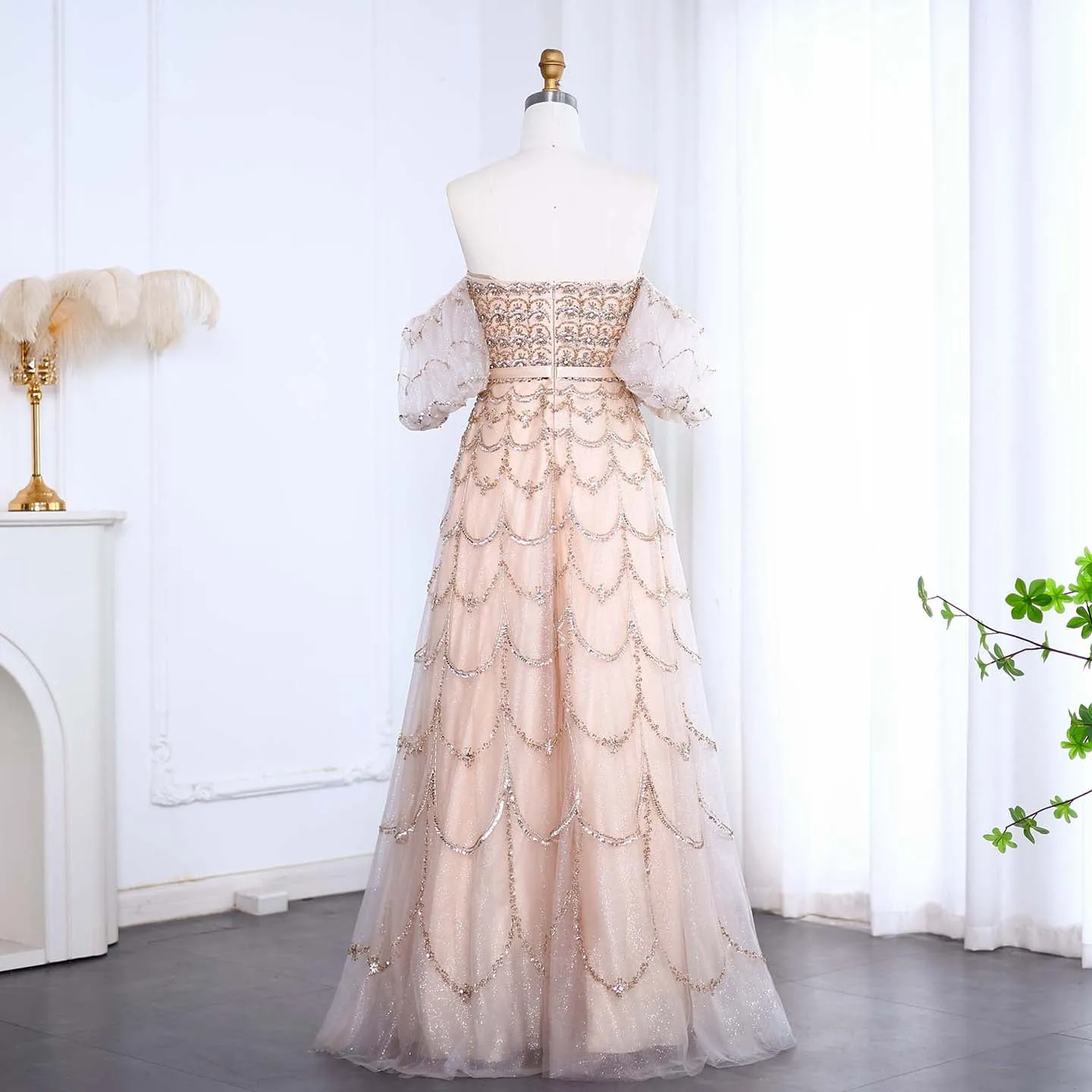 Luxury Strapless Puff Sleeves Pink Evening Dress SS037