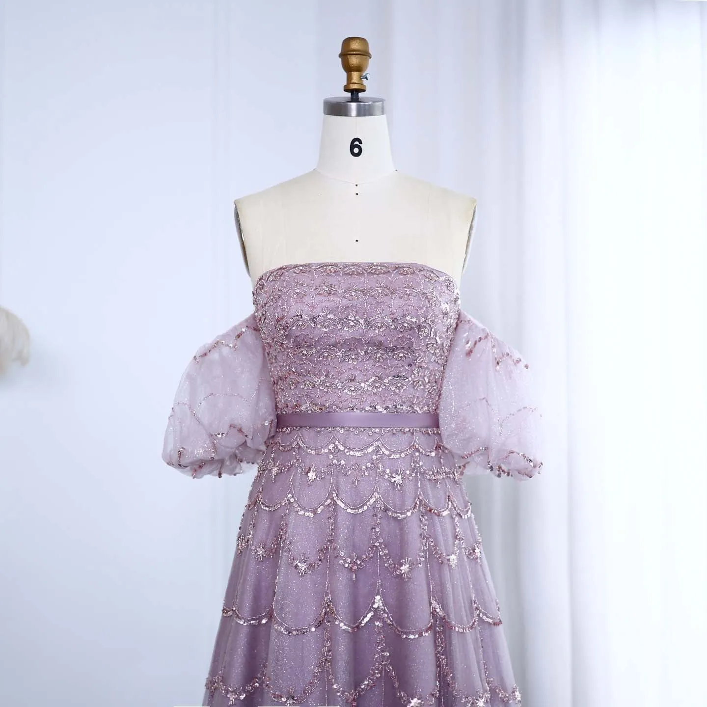 Luxury Strapless Puff Sleeves Pink Evening Dress SS037
