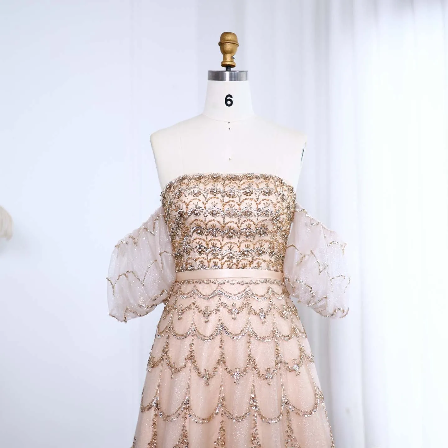 Luxury Strapless Puff Sleeves Pink Evening Dress SS037