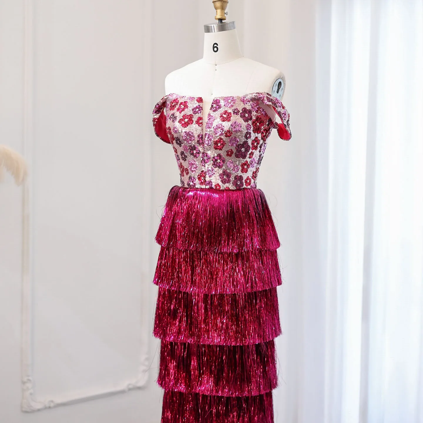 Luxury Tassel Fuchsia Off Shoulder Evening Dress SS508