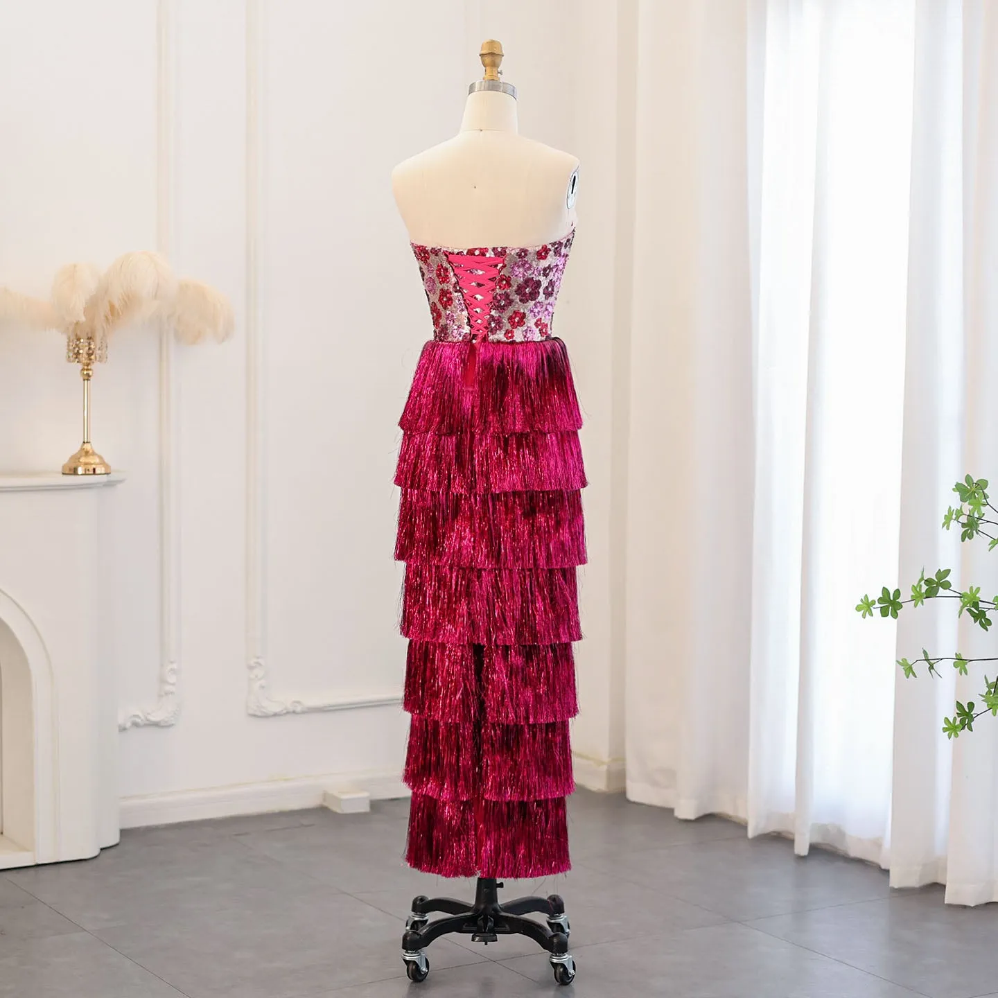 Luxury Tassel Fuchsia Off Shoulder Evening Dress SS508