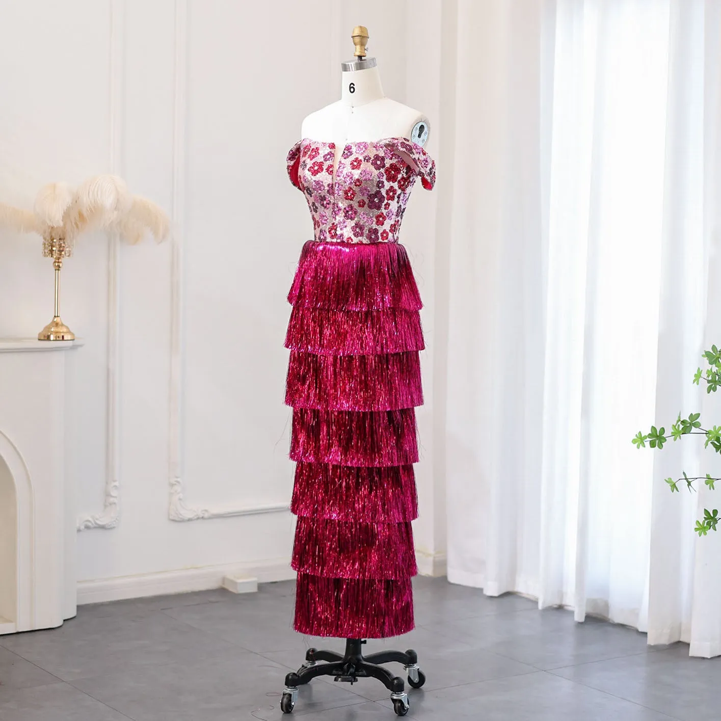 Luxury Tassel Fuchsia Off Shoulder Evening Dress SS508