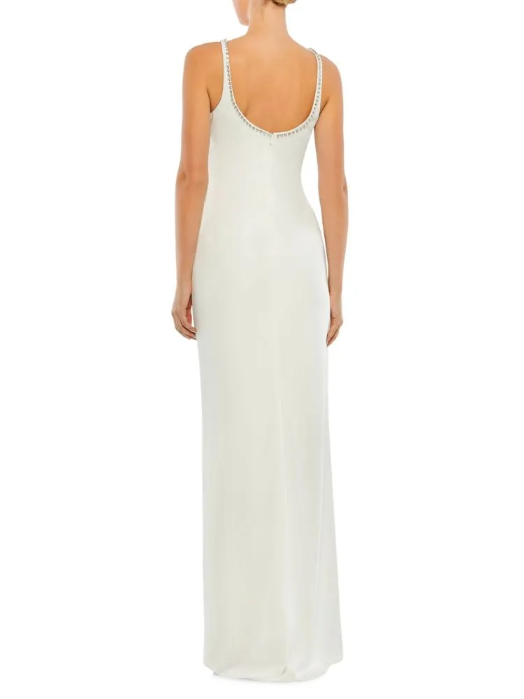 Mac Duggal Beaded Scoop Neck Column Dress, White