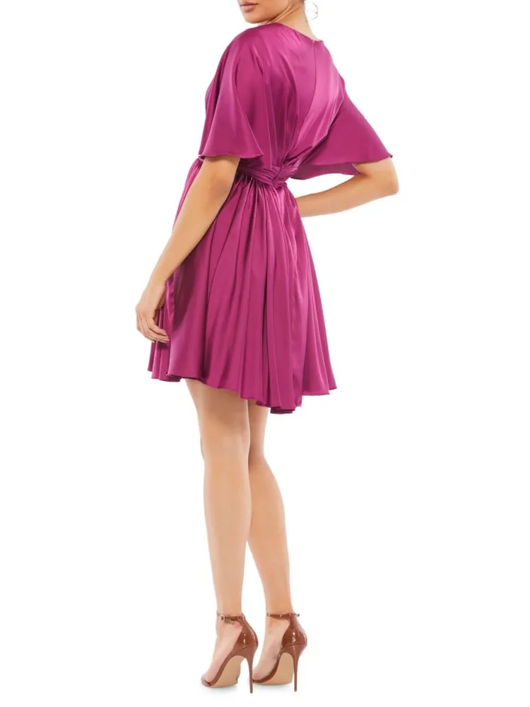 Mac Duggal Satin Mini Dress with Cape, White
