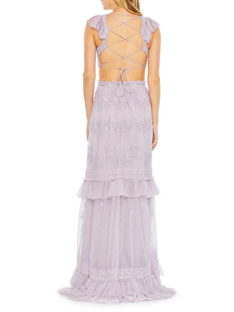 Mac Duggal Sequin Tiered Ruffle Cutout Dress, White