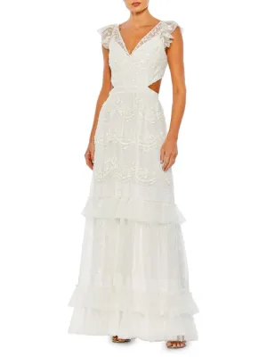 Mac Duggal Sequin Tiered Ruffle Cutout Dress, White