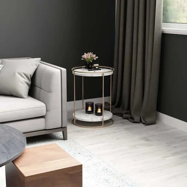 Marble Top 2 Tier Side Table With Storage Shelf | Living Room End Table Golden Color