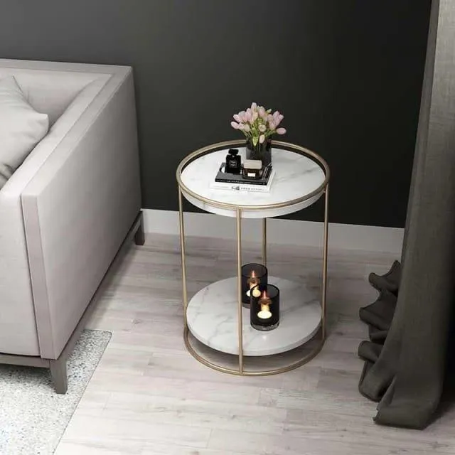 Marble Top 2 Tier Side Table With Storage Shelf | Living Room End Table Golden Color